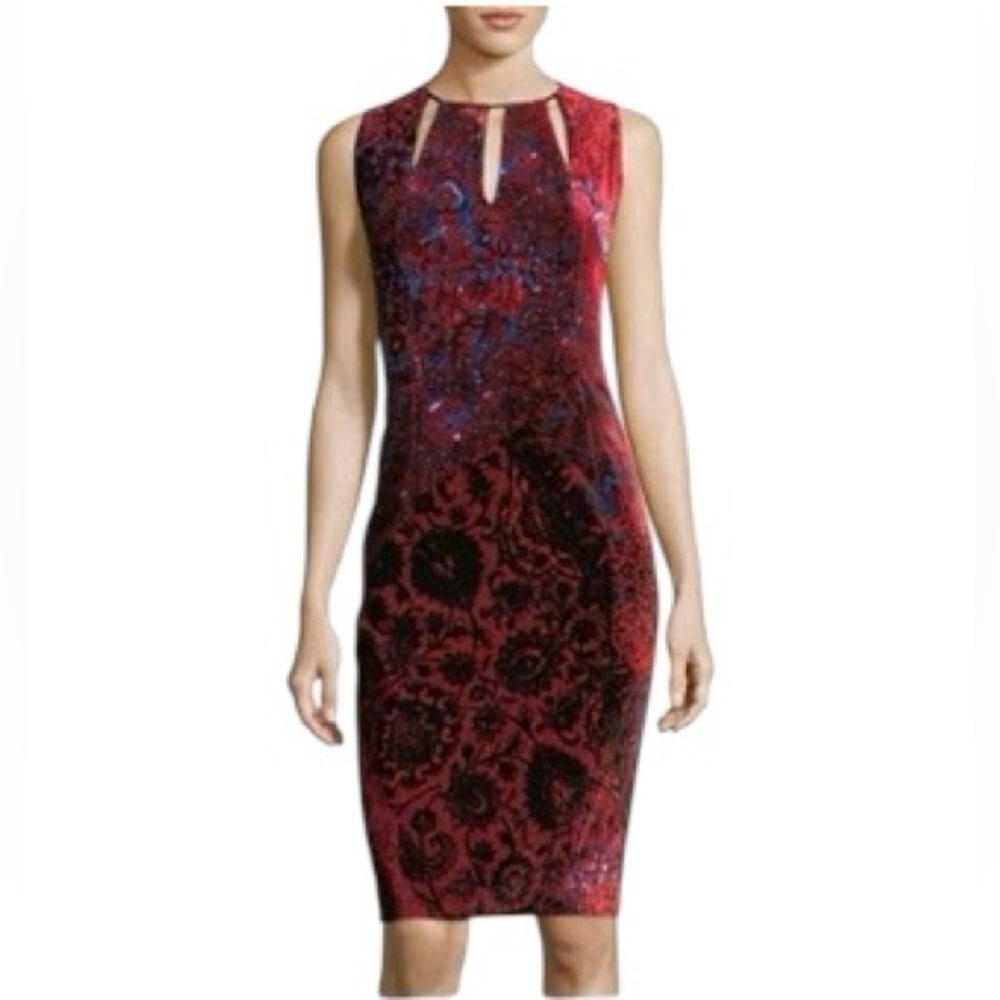 Elie Tahari Women Red Velvet Floral Cutout Sleeveless Sheath Cocktail Dress 10